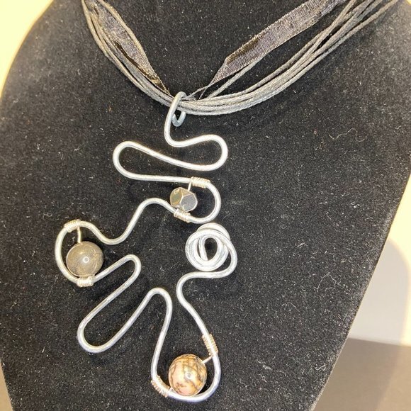 Artisan Created Hammered Stainless Steel Pendant with Rhodonite & Hematite - Picture 9 of 12